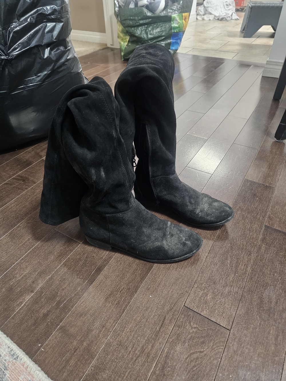 Black Suede Knee-High Flat Boots - Women's